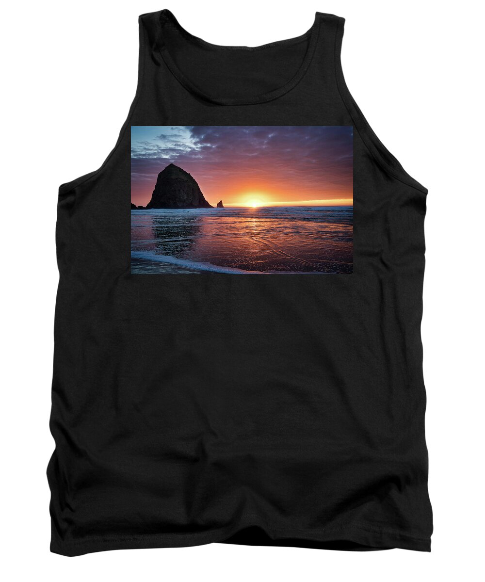 Sunset Tank Top featuring the photograph Sunset at the Rock - Cannon Beach by Jeanette Mahoney