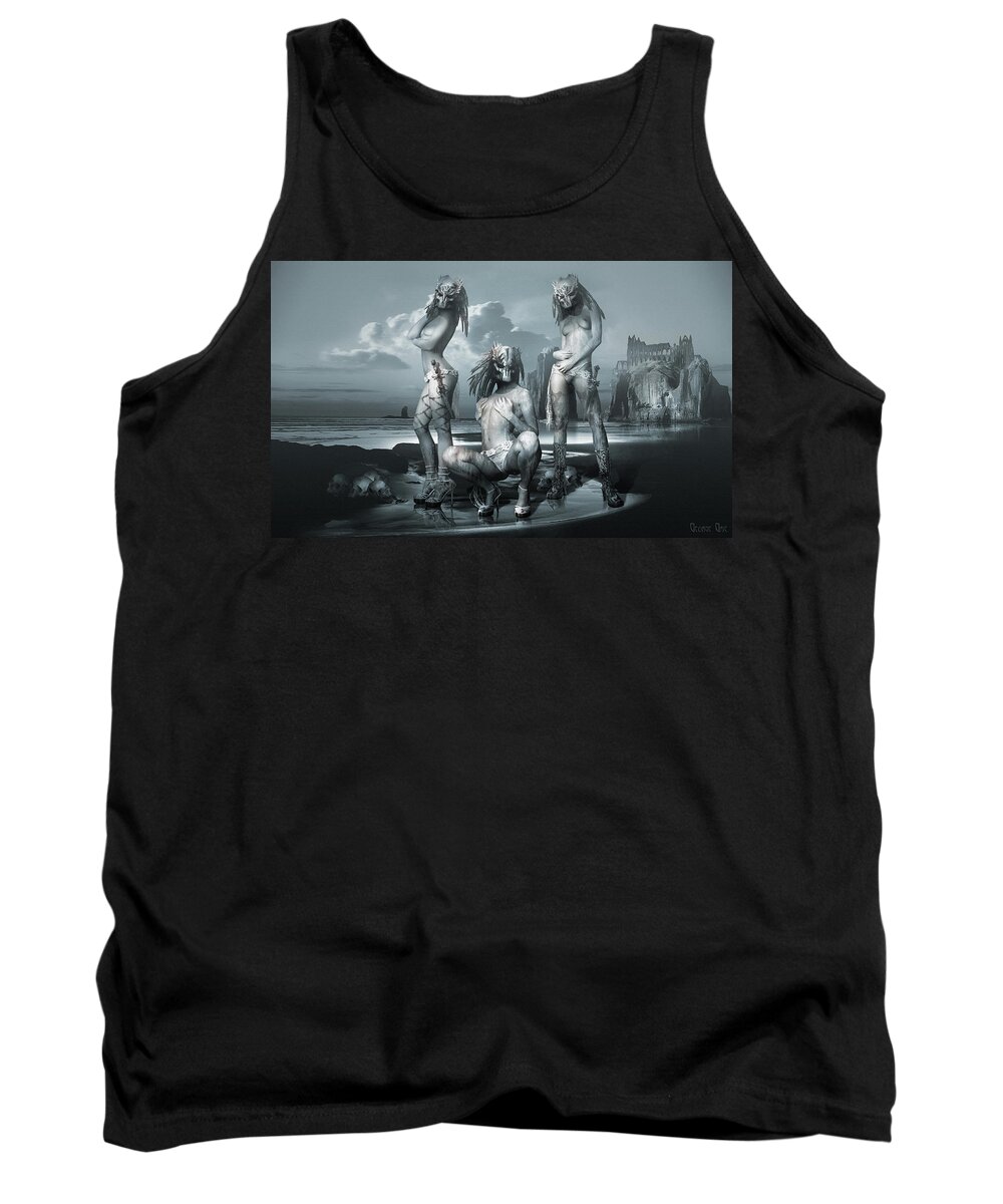 Surrealism Art Gothic Neosurrealism Goth Fantasy Landscape Artist Digital 3d Photography Matte Painting Computer Tank Top featuring the digital art The three graces Gods and heroes series by George Grie