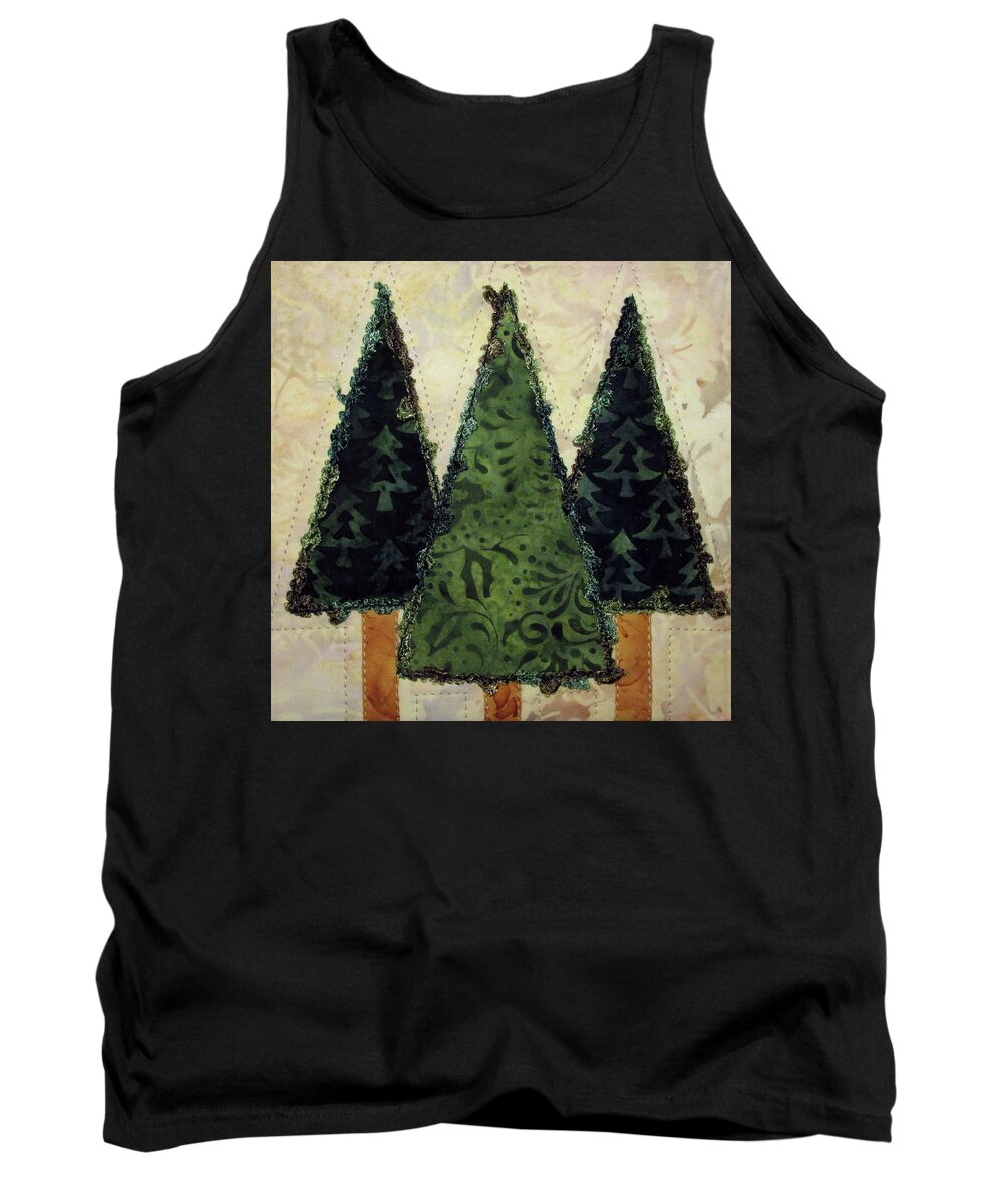 Art Quilt Tank Top featuring the tapestry - textile Three Pines by Pam Geisel