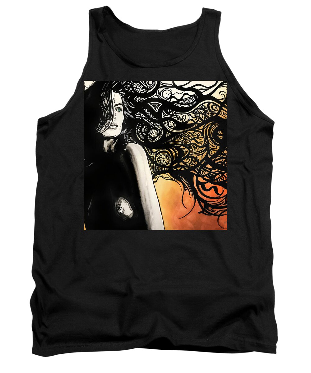 Lady Woman Female Girl Beautiful Beauty Hair Tribal Design Nude Shadows B&w Gold Silver Bronze Rustic Green Eyes Mouth Skin Body Fashion Love Lover Tank Top featuring the painting Unmistakeable by Sergio Gutierrez