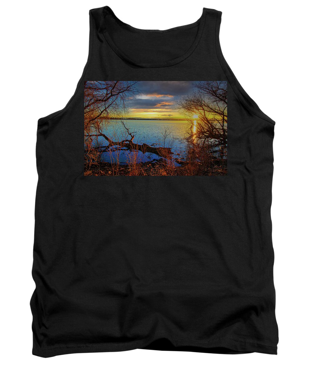 Autumn Tank Top featuring the photograph Sunset Over Lake Framed By TreesSunset Over Lake Framed By Trees by Tom Potter