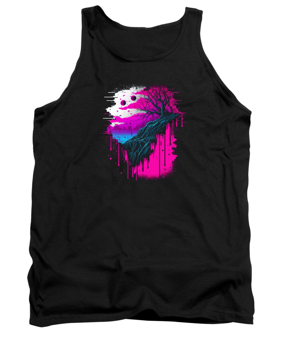 Vaporwave Tank Top featuring the digital art Vaporwave Abstract Landscape Moon Tree Waterfall Blue Purple #1 by Toms Tee Store