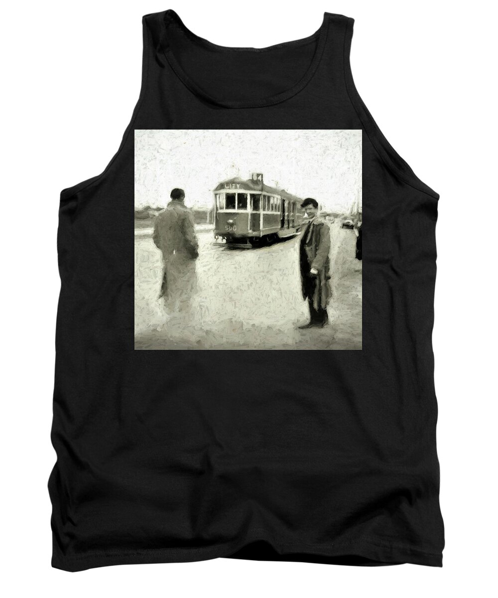 1950s Tank Top featuring the mixed media 1950s Melbourne Tram 64 East Brighton to Melbourne University by Joan Stratton