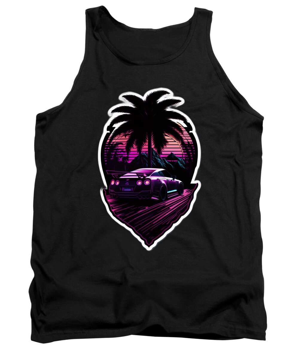 Synthwave Tank Top featuring the digital art Sunset and GTR #2 by Quik Digicon Art Club