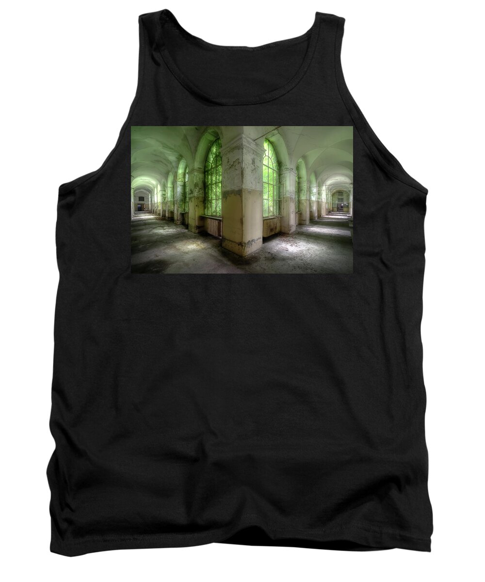 Urban Tank Top featuring the photograph Abandoned Green Hallway by Roman Robroek