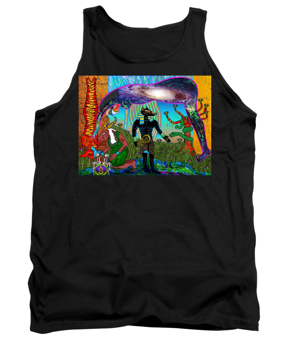 Anubis Tank Top featuring the mixed media Anubis and Nut Ceremony by Myztico Campo