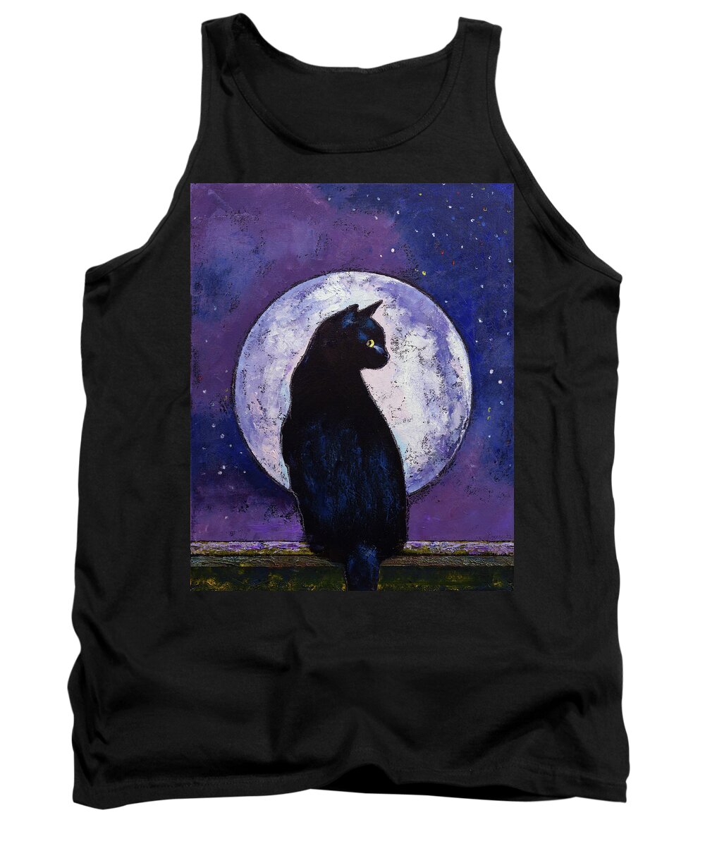 Cat Tank Top featuring the painting Black Cat Moonlight by Michael Creese