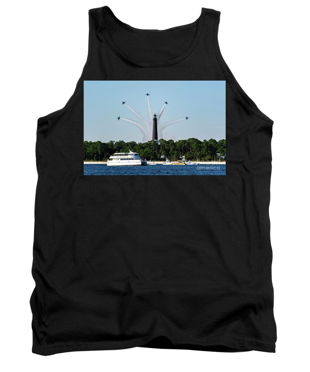 Blue Angels Tank Top featuring the photograph Blue Angels over Pensacola Lighthouse by Beachtown Views