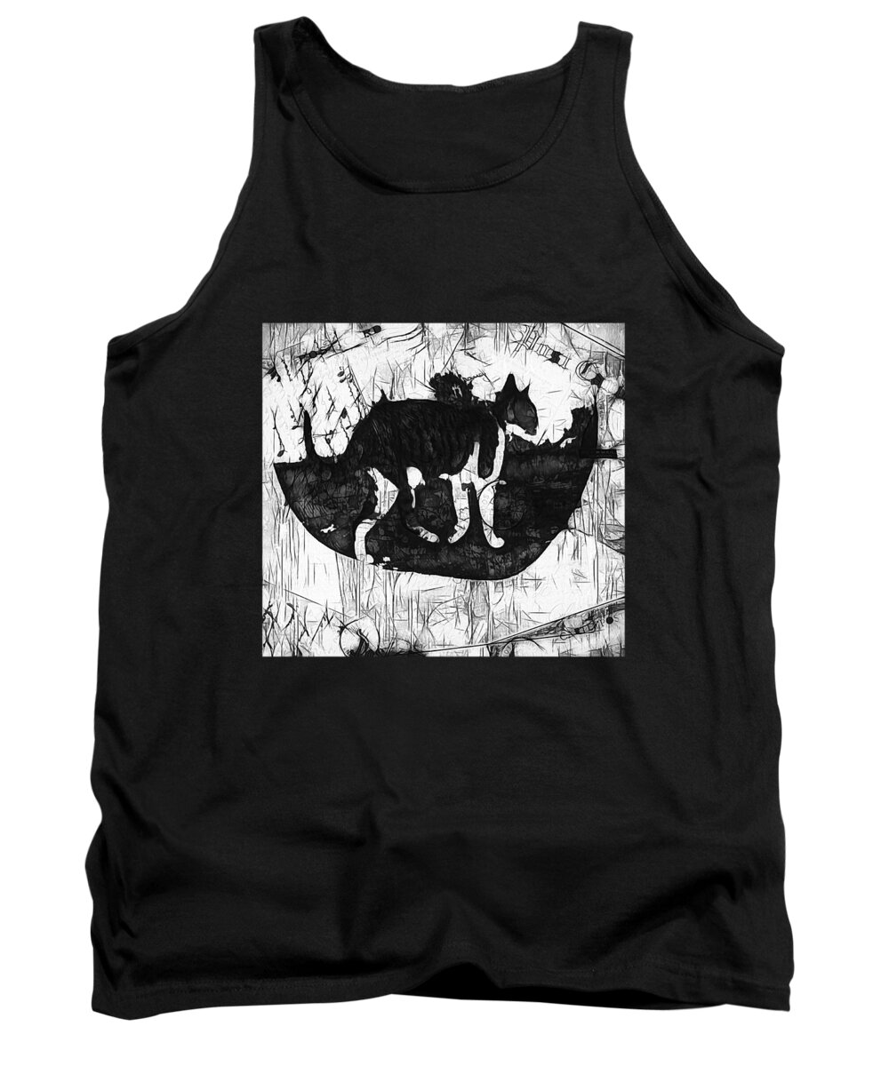 Cat Travels In Black And White Tank Top featuring the mixed media Cat Travels in Black and White by Kandy Hurley