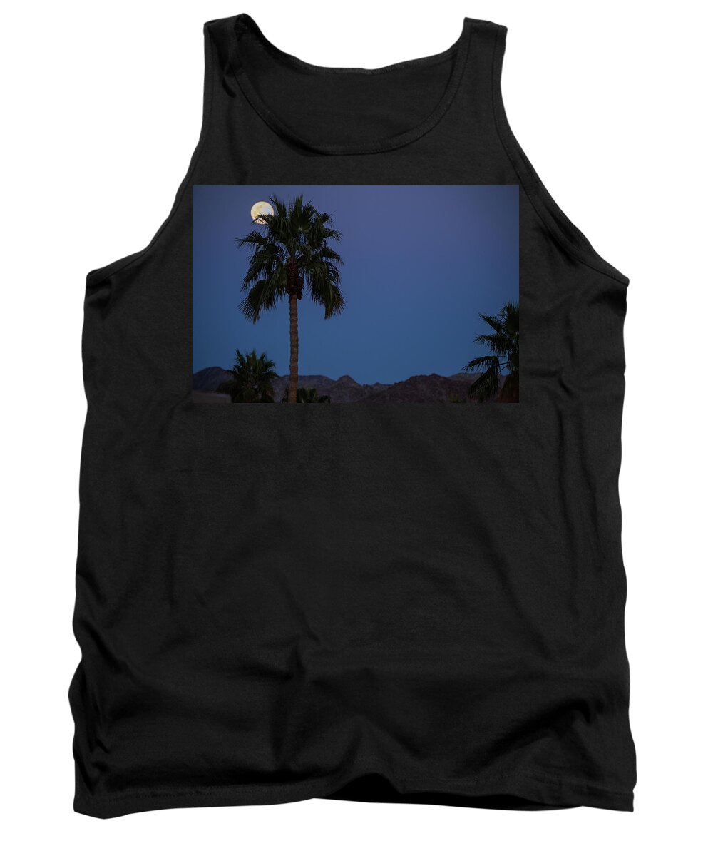 Snow Full Moon Rise Tank Top featuring the photograph Desert Snow Full Moon Rise, Palm Tree Silhouette by Bonnie Colgan