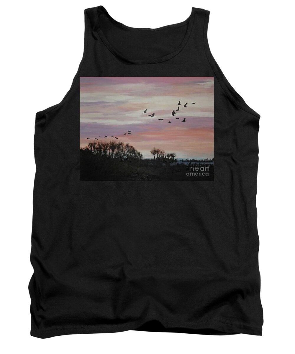 Acrylic Landscape Tank Top featuring the painting Dusk Flock by Denise Morgan