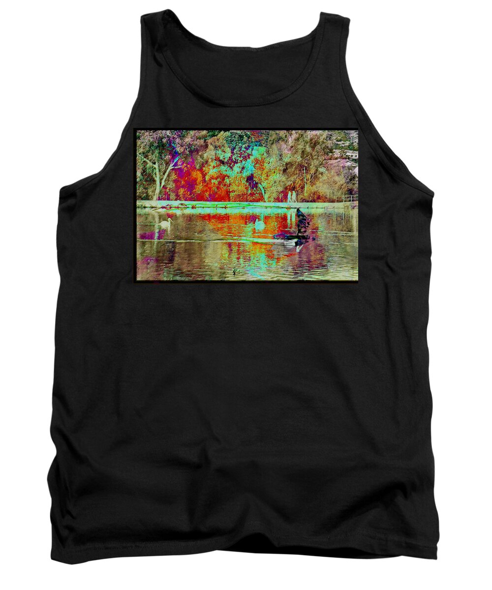 Enchanted Lake Abstract Photograph Silhouettes People Trees Water Ducks Wake Turquoise Orange Brown Red Tan Glass Bird Green Black Sandiego California Tank Top featuring the digital art Enchanted Lake Abstract by Kathleen Boyles