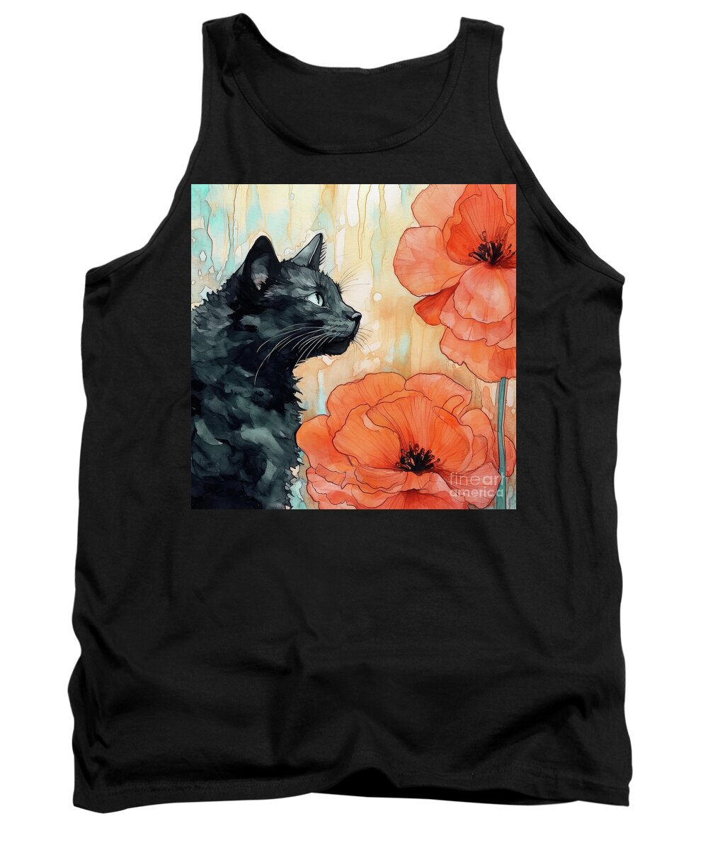 Cat Tank Top featuring the mixed media Eyeing The Orange Poppy by Tina LeCour