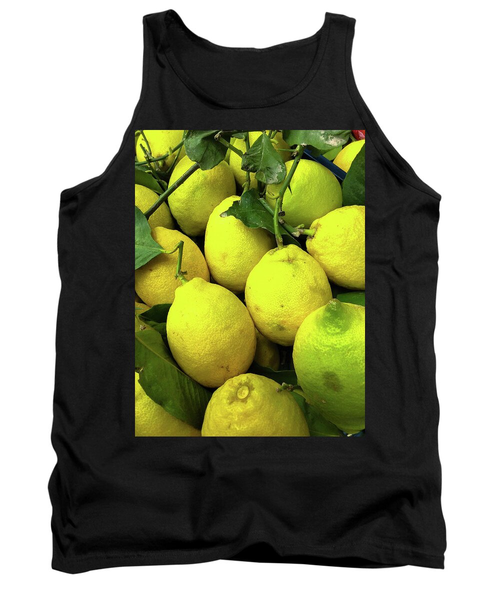 Italy   Color Image     Vertical     Amalfi Coast ×travel ×no People ×travel Destinations ×town ×famous Place ×village ×sorrento - Italy ×campania ×outdoors ×italian Culture ×european Union ×lemon - Fruit ×freshness ×market Stall ×food ×fruit ×citrus Fruit ×leaf ×ripe ×close-up ×agriculture × Tank Top featuring the photograph Fresh Lemons by Marian Tagliarino