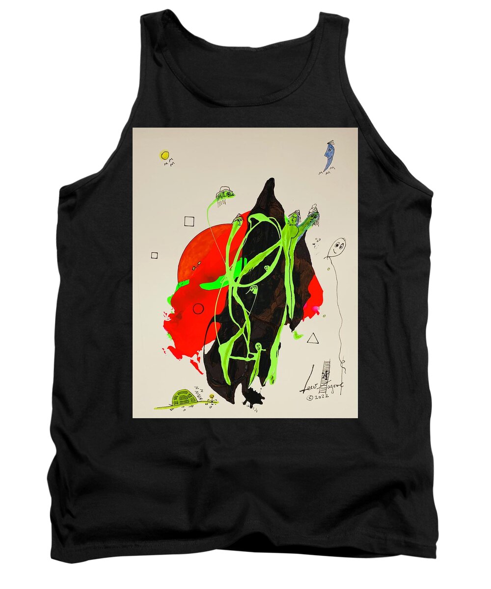  Tank Top featuring the mixed media Green Faces on Black and Red 11149 by Lew Hagood