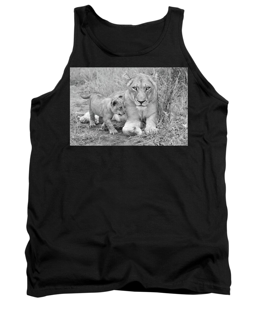 Lion Tank Top featuring the photograph Guardian in Black and White by Rebecca Herranen