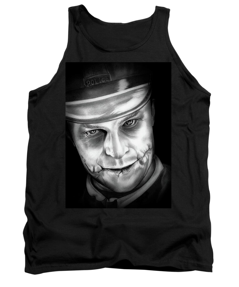 Joker Tank Top featuring the drawing Heath Ledger - Joker Unmasked - Black and White Edition by Fred Larucci