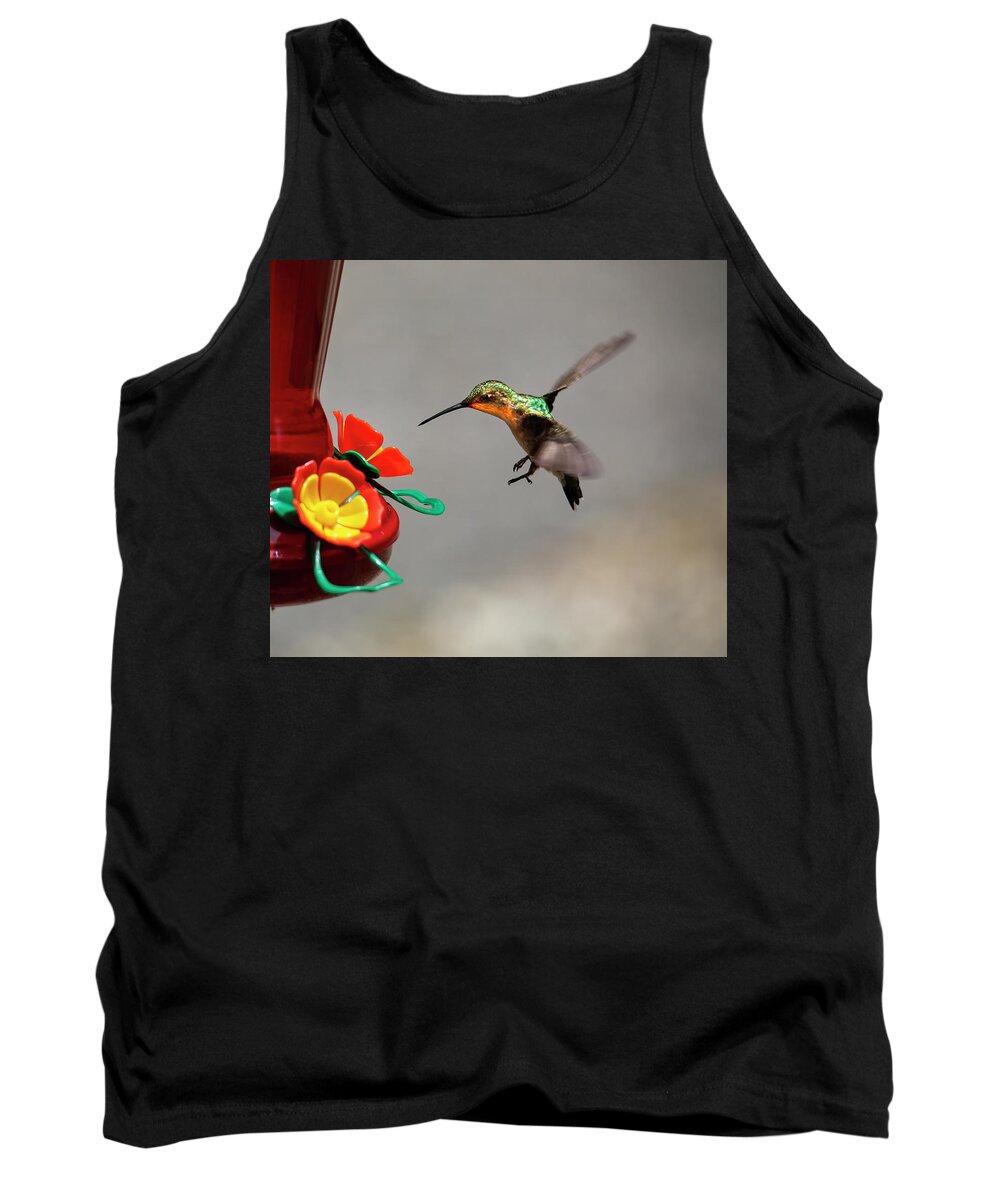 Hummingbird Tank Top featuring the photograph Hummingbird Approaches Nectar Feeder by Charles Floyd