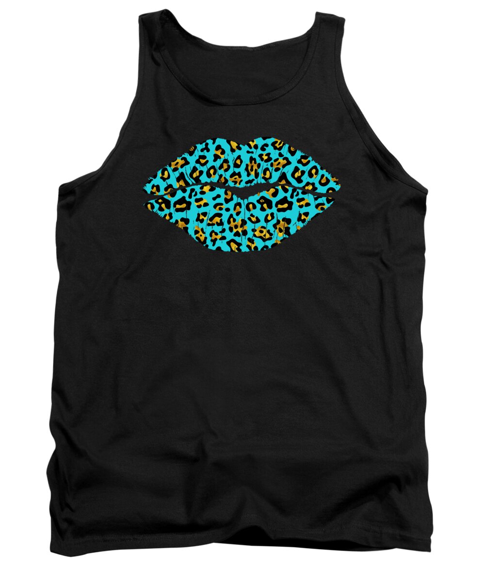 Kissing Lips Tank Top featuring the painting Kissing Lips Aqua Leopard Print pattern fashion art by Tina Lavoie
