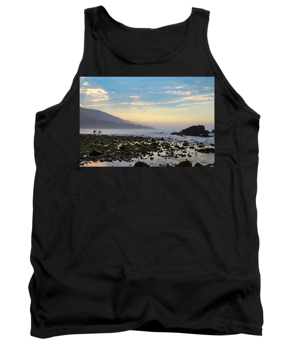 Beach Sunrise Tank Top featuring the photograph Let's Go Surfing by Matthew DeGrushe