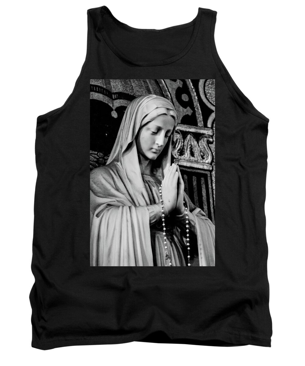 Mary Statue Church Rosary B&w Tank Top featuring the photograph Mary by John Linnemeyer