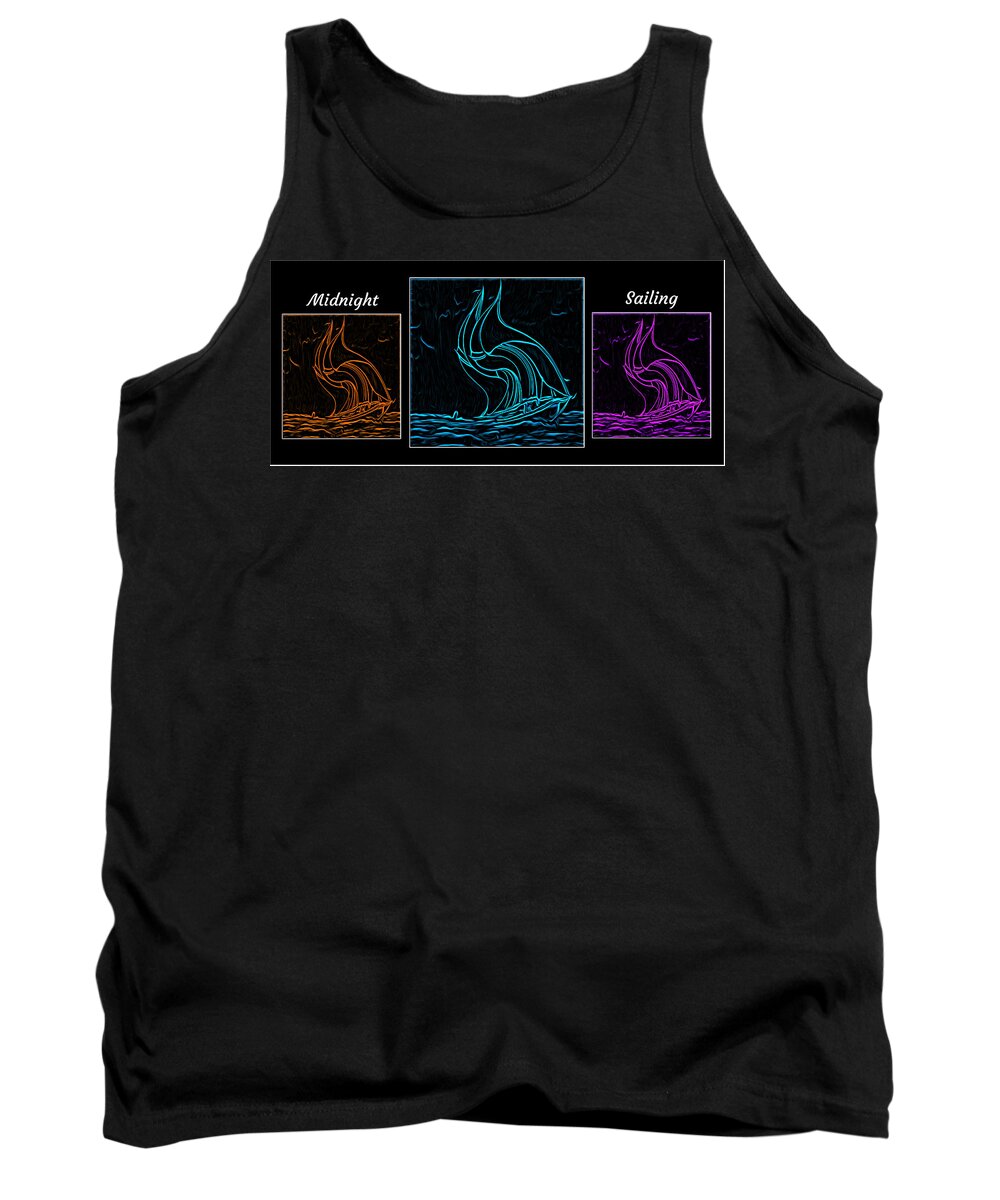 Cool Art Tank Top featuring the digital art Midnight Sailing Triptych by Ronald Mills