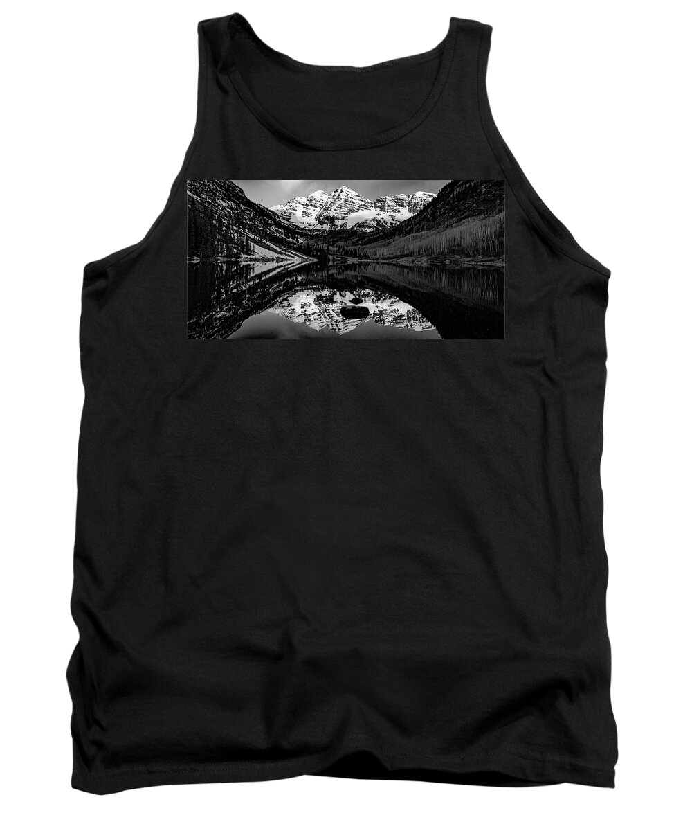 Black And White Tank Top featuring the photograph Mountain Peak Panorama - Colorado's Maroon Bells in Black and White by Gregory Ballos