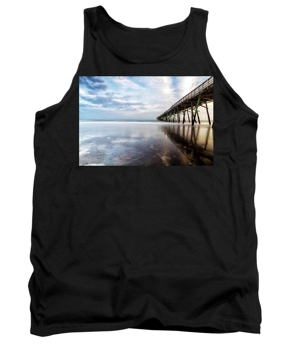 North Carolina Fishing Pier Tank Top featuring the photograph Oceanna Pier With Blue Skies and Dark Clouds Reflected by Bob Decker