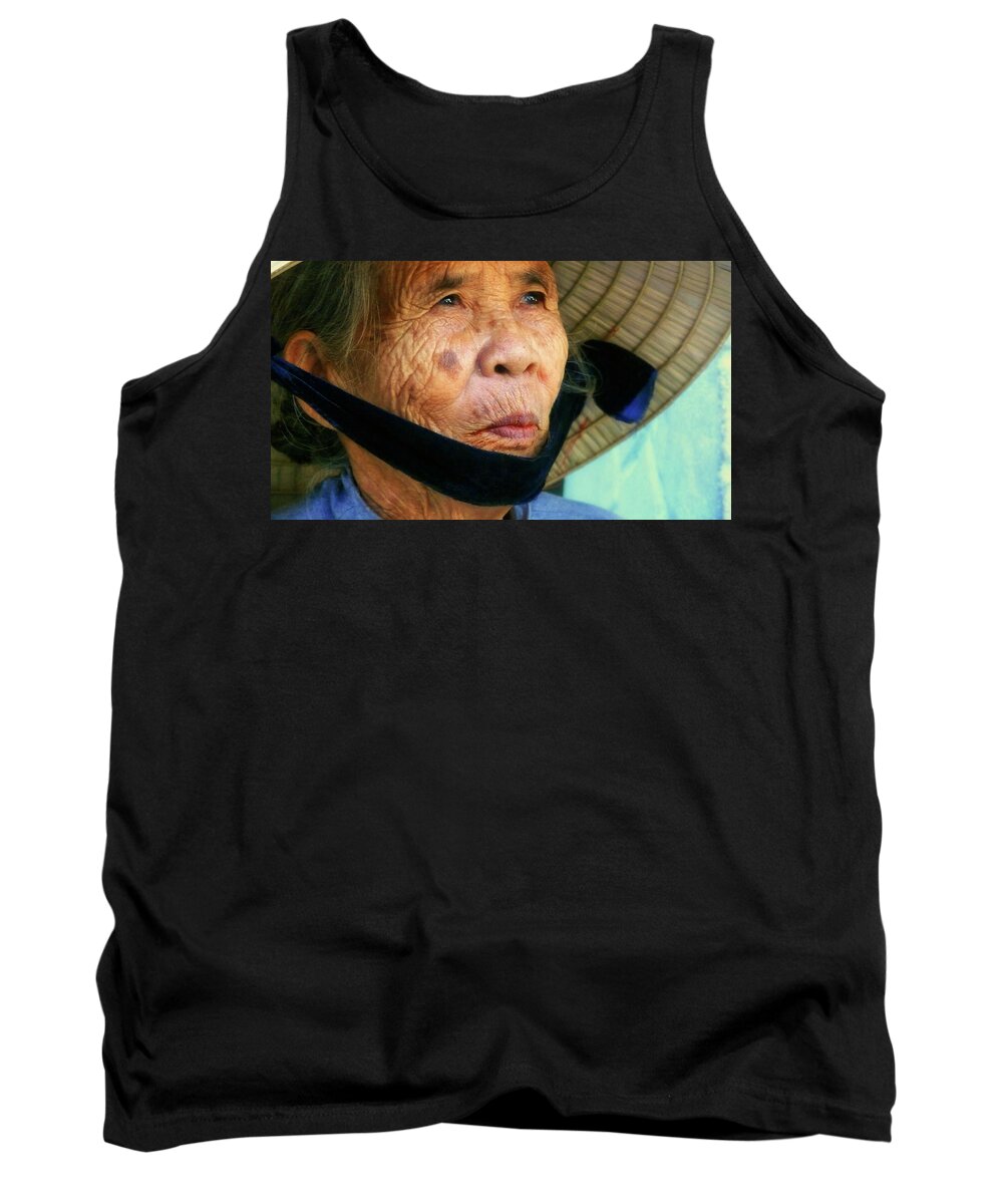 Hat Tank Top featuring the photograph Old Vietnamese lady with the conical hat by Robert Bociaga