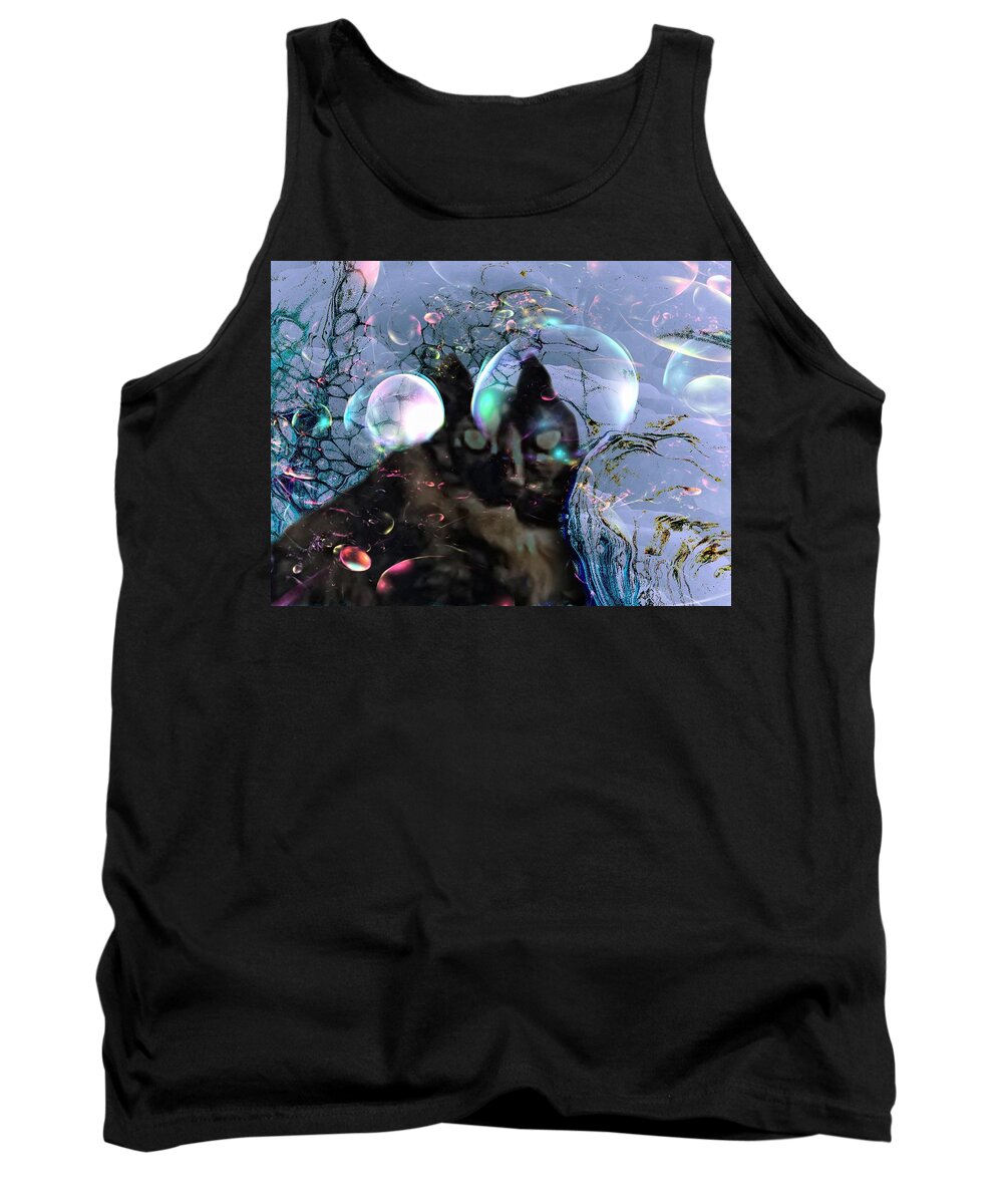Black Gold Cat Bubbles Pink Tank Top featuring the digital art Out of Site Cat by Kathleen Boyles
