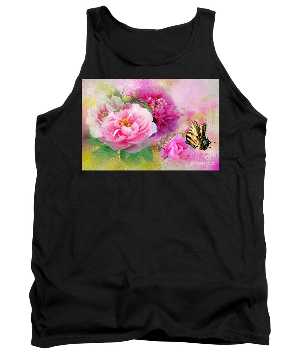 Peony Roses Tank Top featuring the mixed media Peonies and Butterfly by Morag Bates