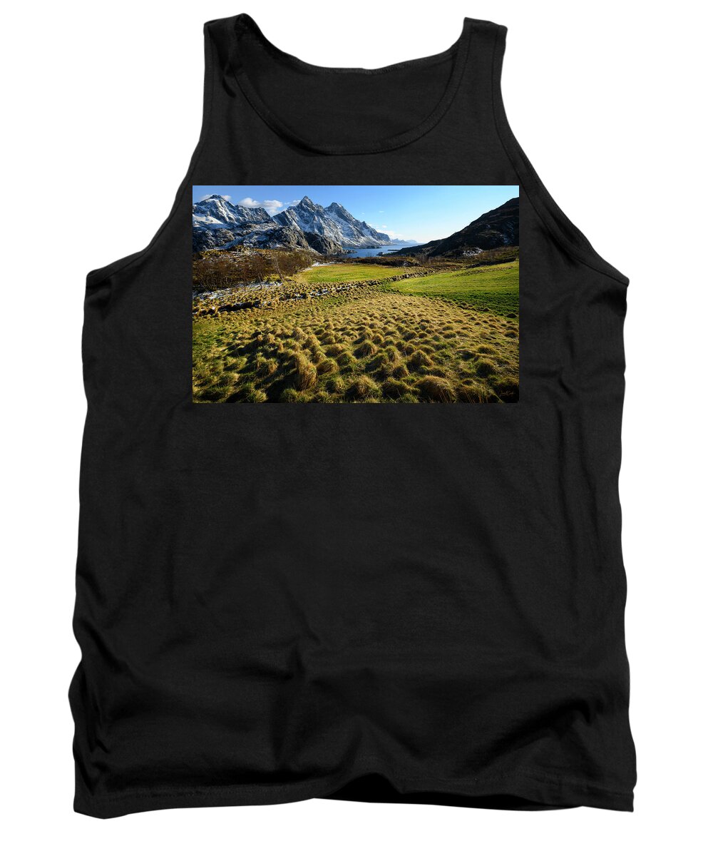 Field Tank Top featuring the photograph Raking the Grass in Lofoten by James Covello