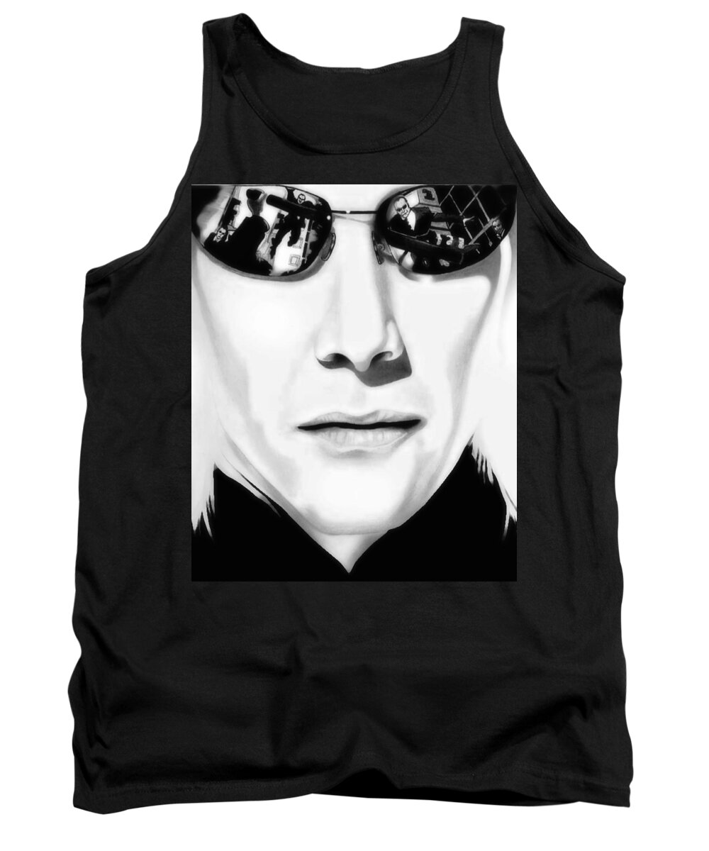 Keanu Reeves Tank Top featuring the drawing Reloaded - Neo - Black and White Edition by Fred Larucci
