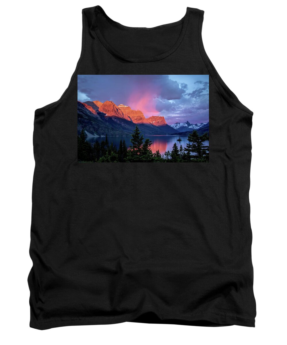 Dawn Tank Top featuring the photograph Sun Greets the Mountains at St. Mary Lake by Jack Bell