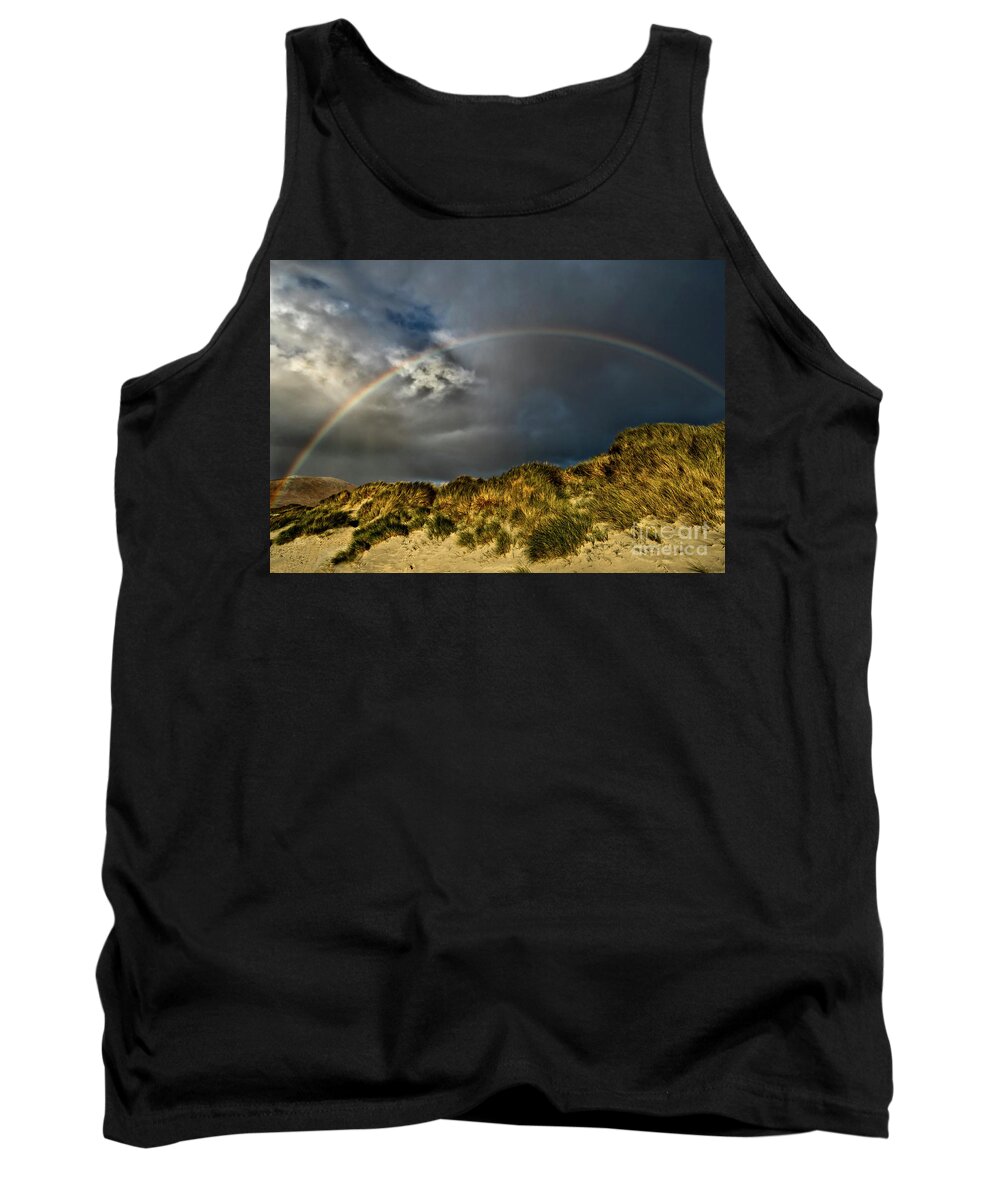 Dramatic Beauty Rainbow Sand Dunes Clouds Grass Landscape Wonderland Panoramic Beautiful West Highlands Elements Sun Rays Atmospheric Dawn Dusk Heavy Powerful Attractive Sky Stunning Delightful Magnificent Singular Transient Spectacular Glory Breath-taking Painterly Vivid Bright Vibrant Golden Autumn Colorful Yellow Artistic Inspirational Serene Tranquil Stylish Magic Poetic Striking Charming Glorious Impression Impressive Storm Thunder Hope Joy Pleasing Stimulating Rusty Fiery Thunderstorm Uk Tank Top featuring the photograph Storm Is Gone Away - Dramatic Beauty Of Rainbow At Sand Dunes by Tatiana Bogracheva