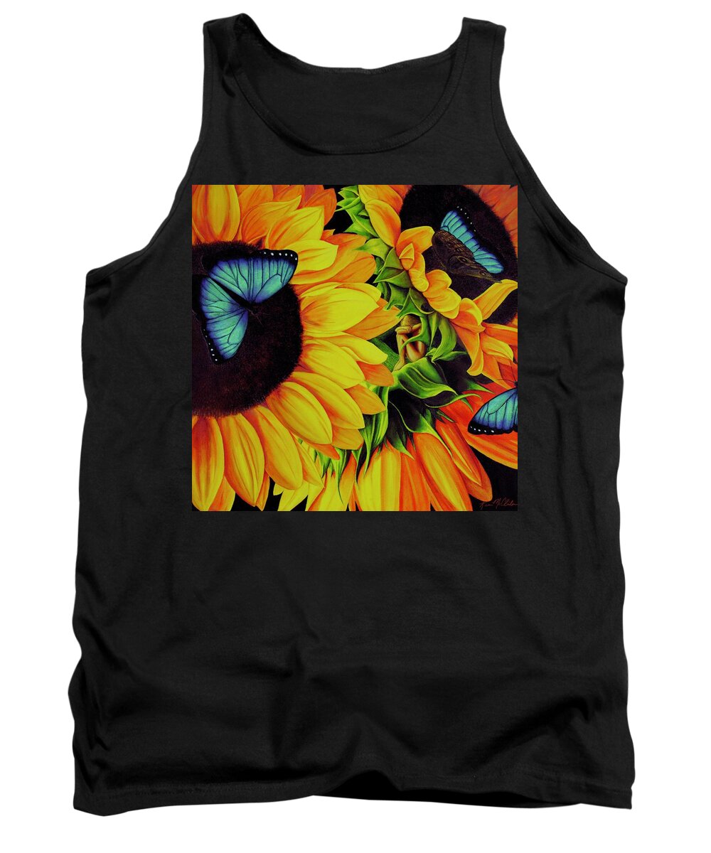 Kim Mcclinton Tank Top featuring the painting Blue Morpho Sunflower Dream by Kim McClinton