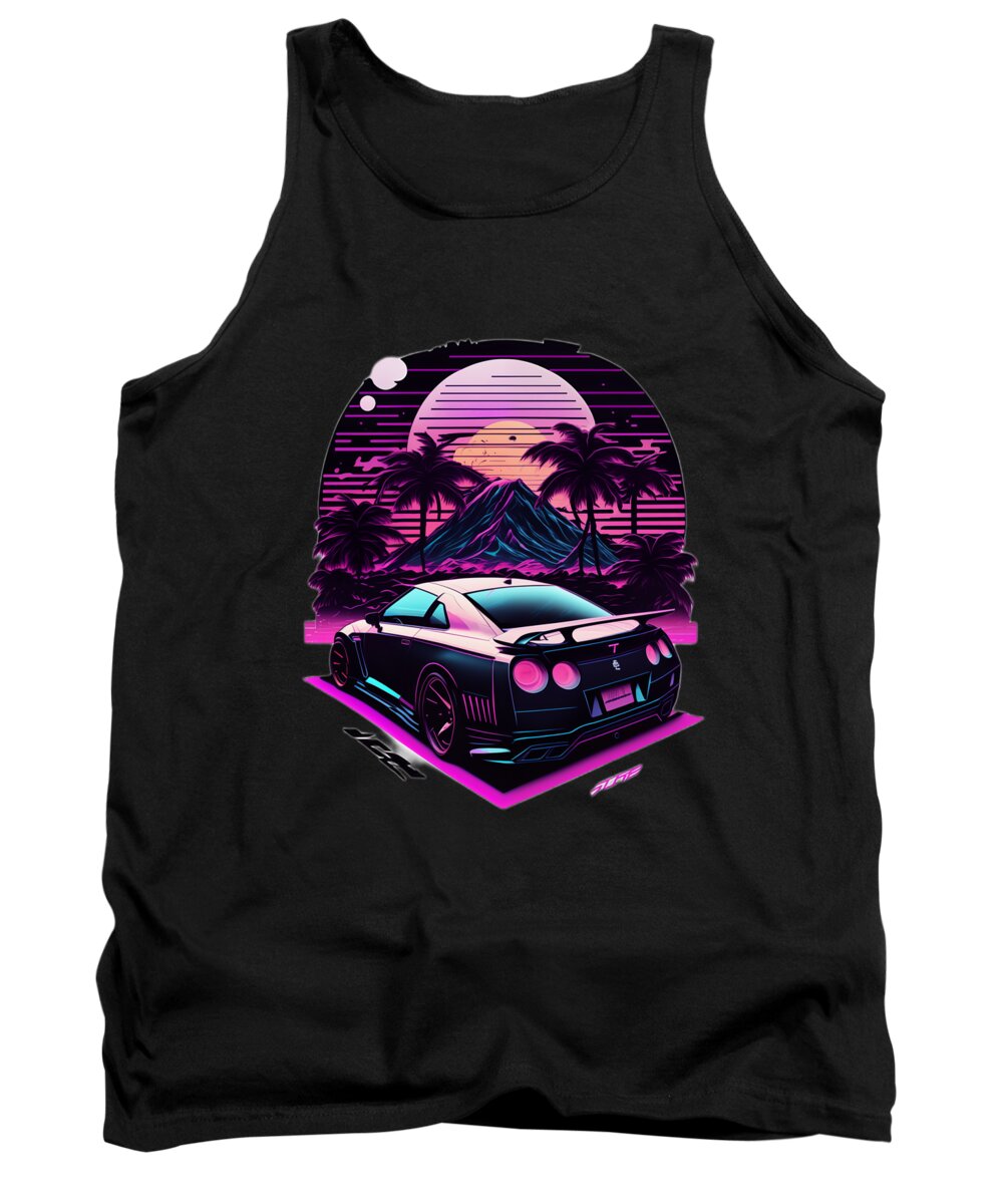 Synthwave Tank Top featuring the digital art Sunset and GTR by Quik Digicon Art Club