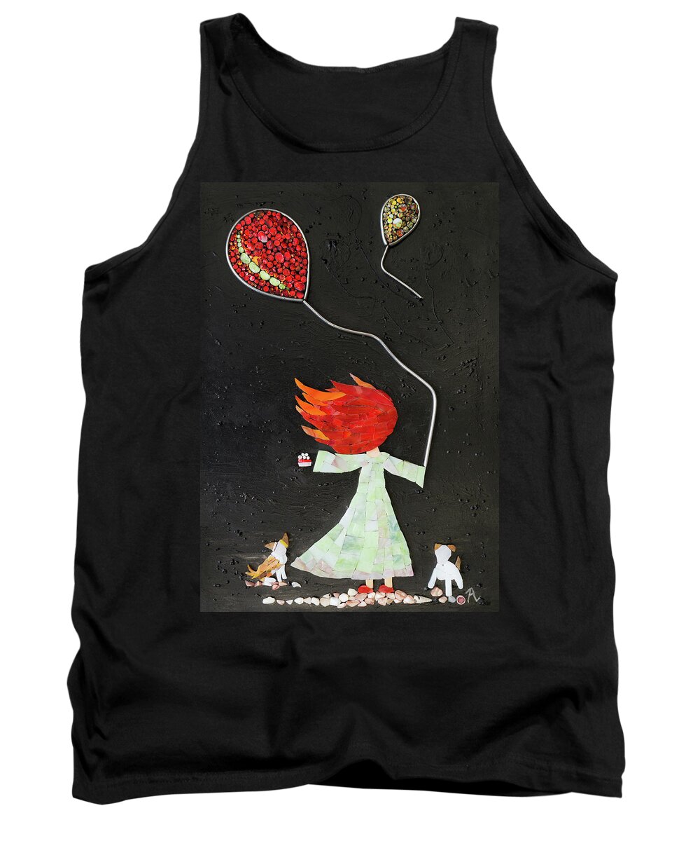 Girl Tank Top featuring the glass art The girl with two balloons and two small dogs by Adriana Zoon