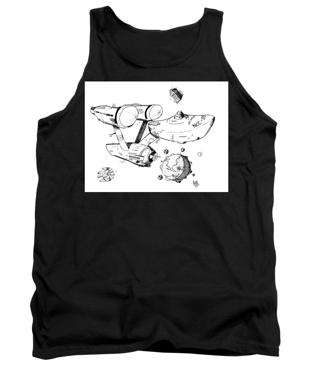 Star Trek Tank Top featuring the drawing Trek Black and White by Michael Hopkins