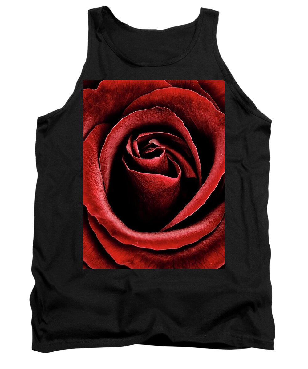 Velvet Red Rose Flower Beauty Beautiful Delightful Shining From Dark Proud Black Fantastic Vivid Vibrant Colour Colourful Color Colorful Poetic Magical Macro Impressive Impression Contrast Floral Still-life Attractive  Tank Top featuring the photograph Velvet Red Rose by Tatiana Bogracheva