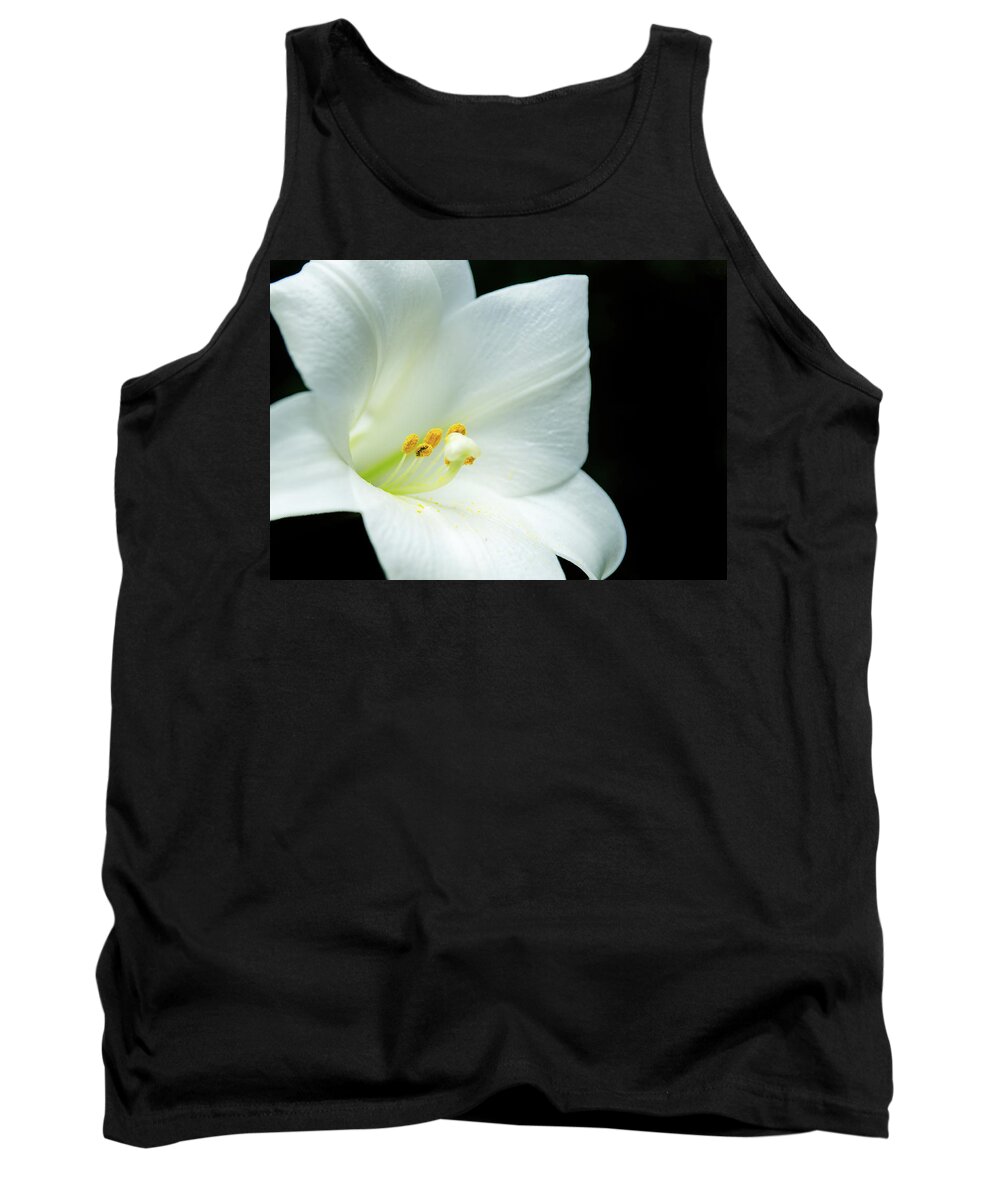 Abstract Tank Top featuring the photograph White lily flower, yellow pollen, dark background by Jean-Luc Farges