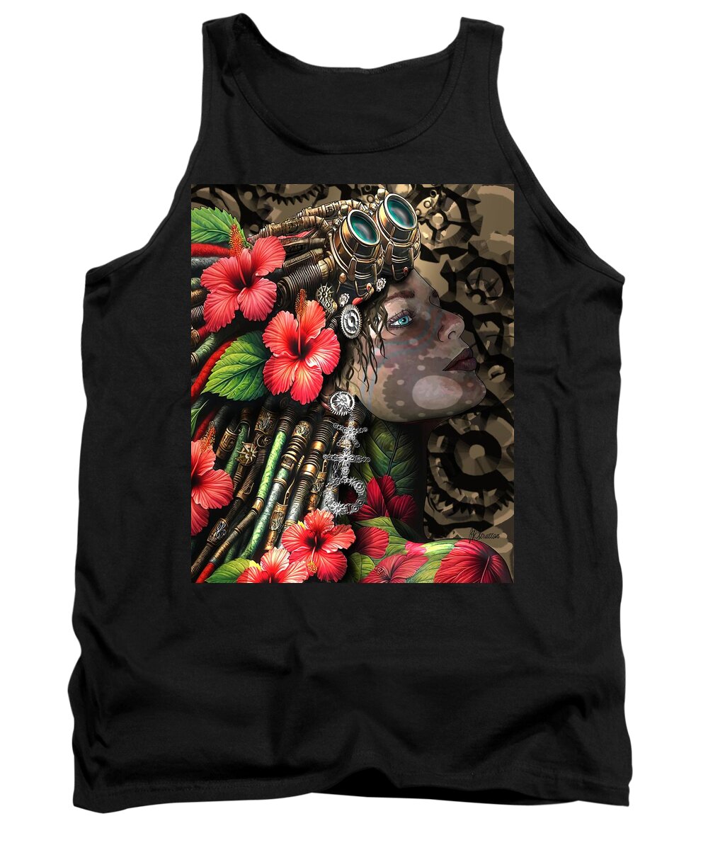 Steampunk Tank Top featuring the drawing Woman Dreadlocks And Red Hibiscus Flowers by Joan Stratton