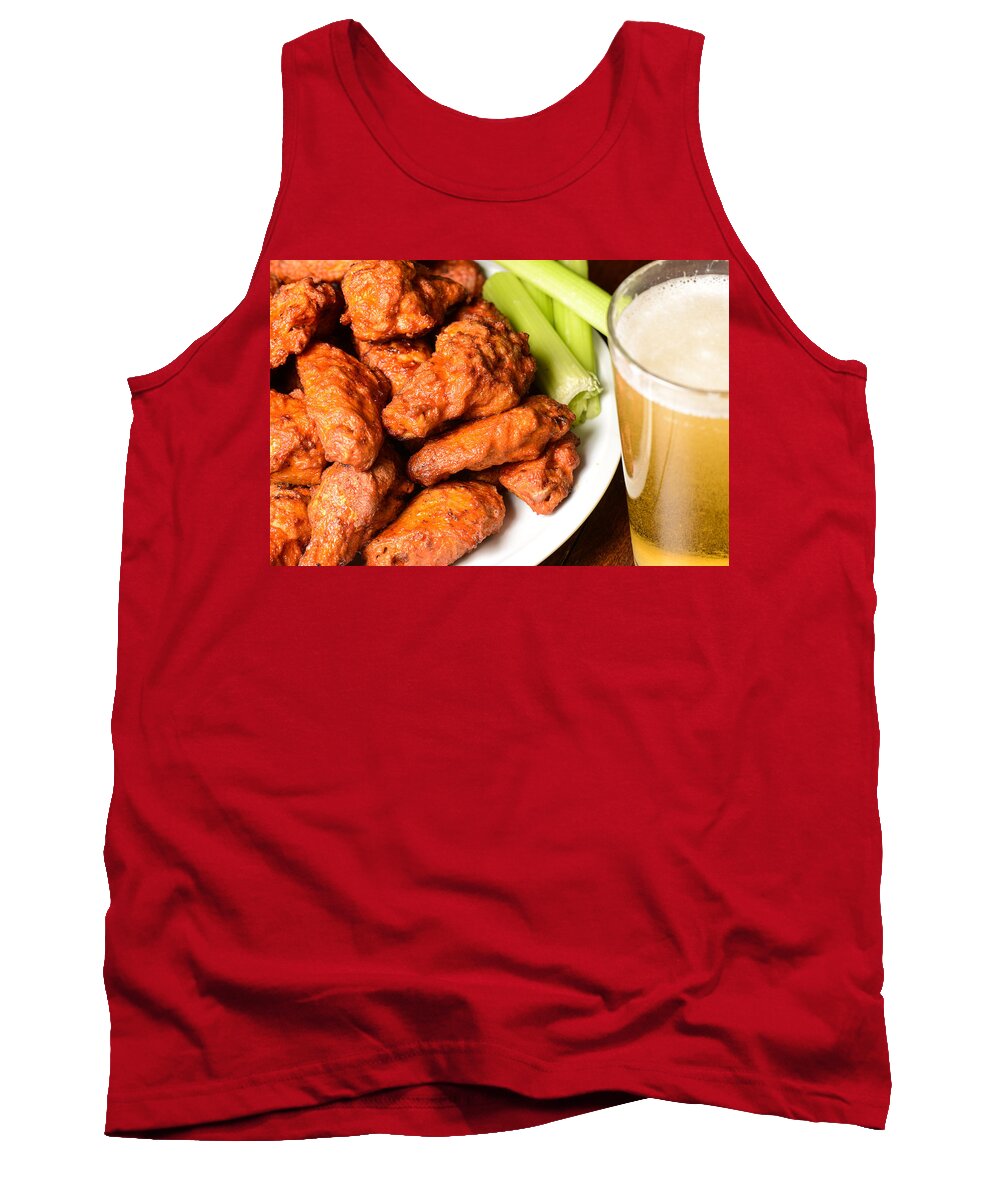 Beer Tank Top featuring the photograph Buffalo Wings with Celery Sticks and Beer #1 by Brandon Bourdages