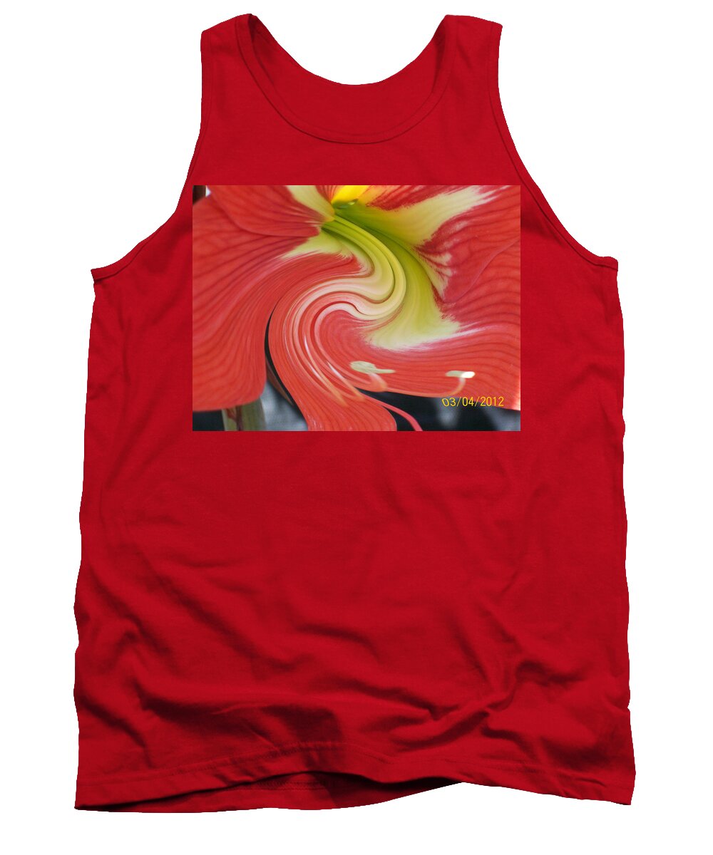 Blooming Red And Yellow Amarylis With A Twirl Effect Tank Top featuring the photograph Amarylis Twirl by Belinda Lee