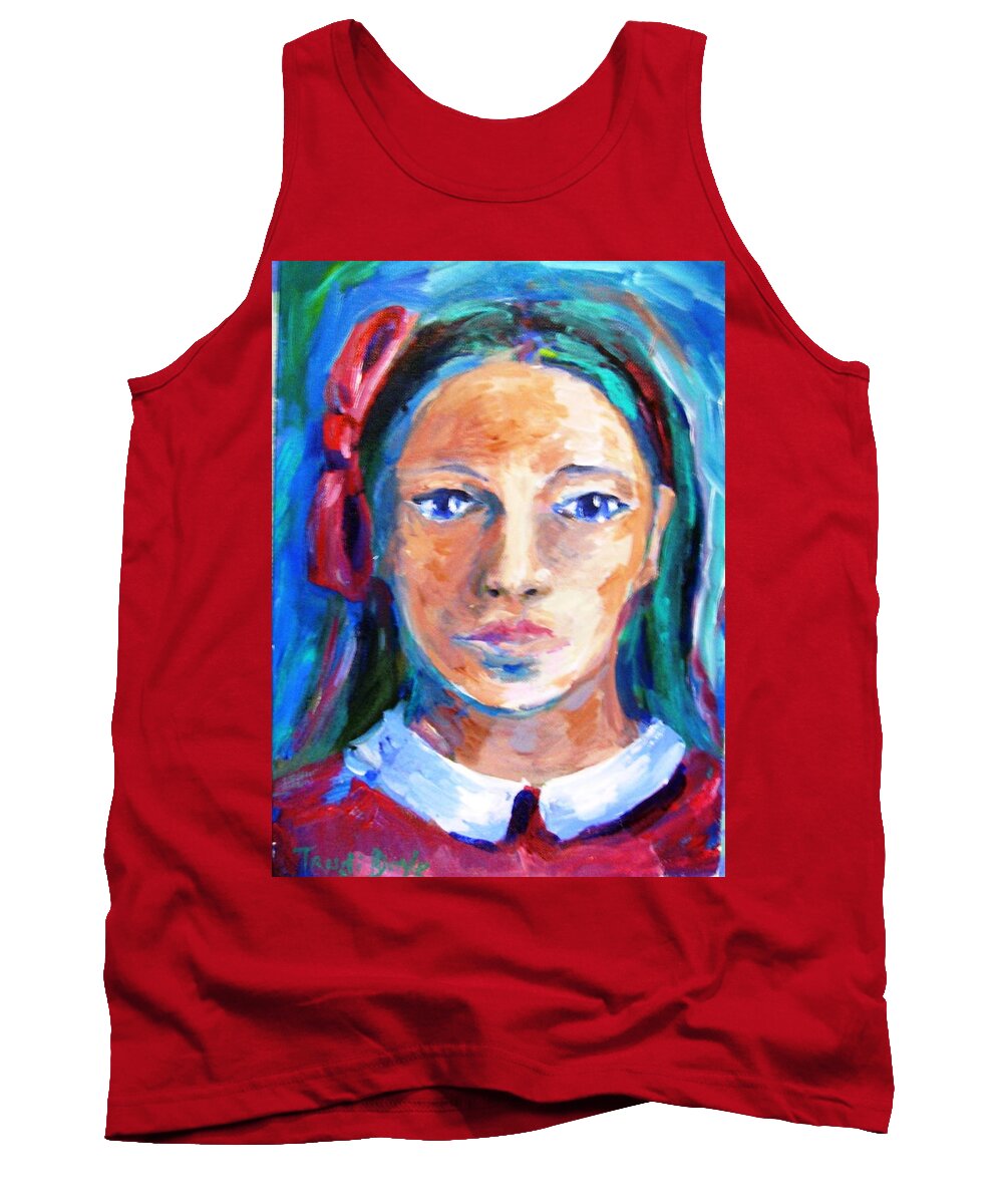 Teenager Tank Top featuring the painting Blue eyed girl wearing a red bow by Trudi Doyle