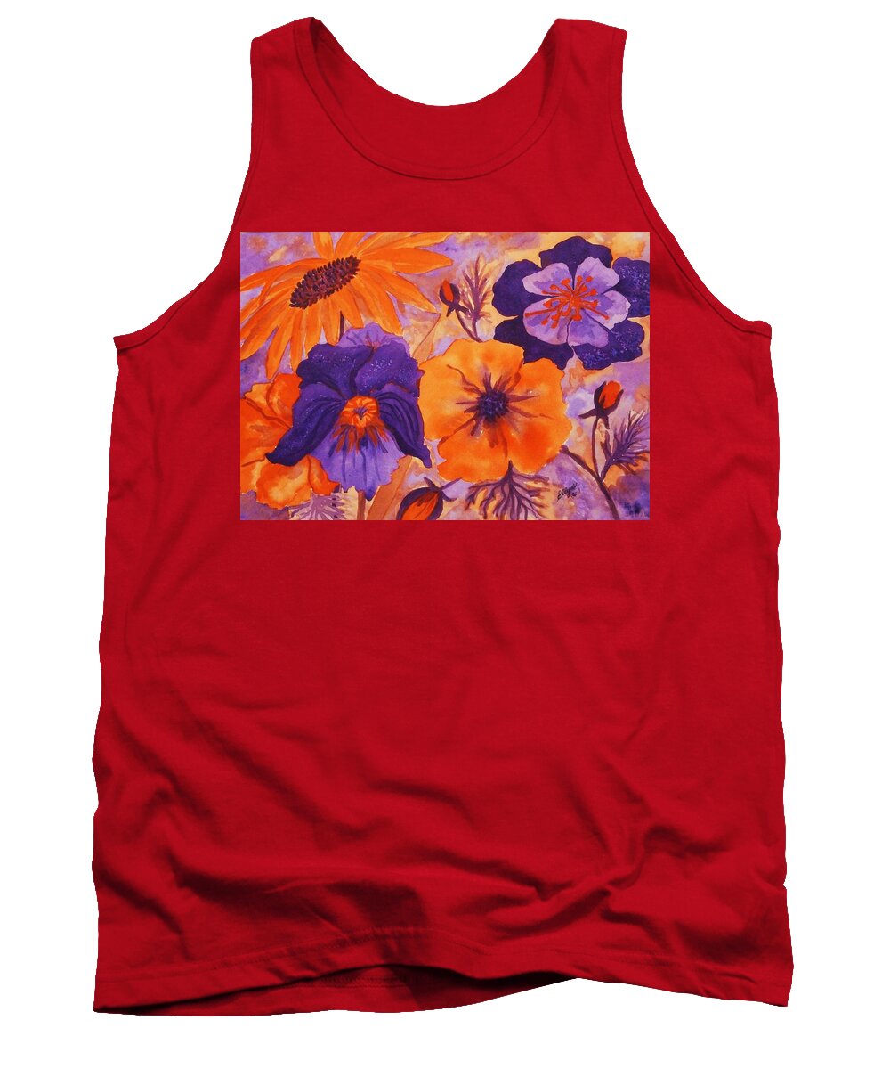 Poppy Tank Top featuring the painting Floral Images in Orange and Purple by Ellen Levinson