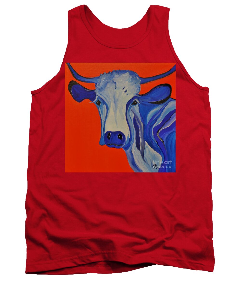 Cow Tank Top featuring the painting How Now Blue Cow by Janice Pariza