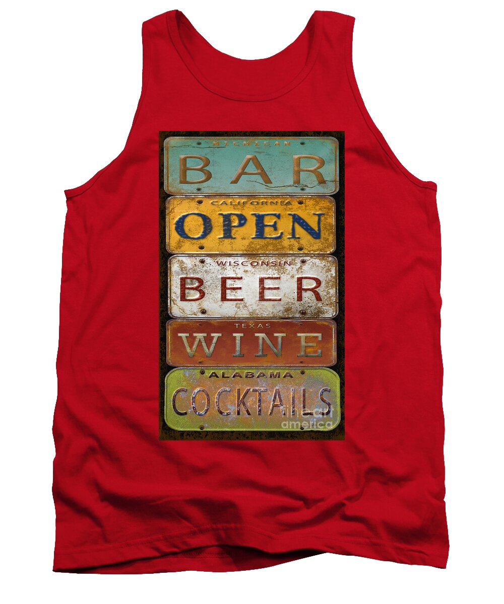 Jean Plout Tank Top featuring the digital art Bar Open-License Plate Art by Jean Plout