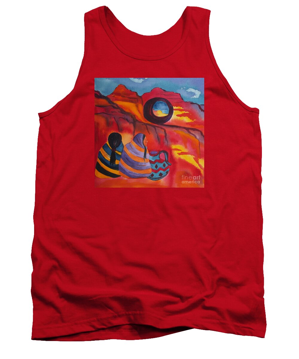 Window Rock Tank Top featuring the painting Native Women at Window Rock Square by Ellen Levinson