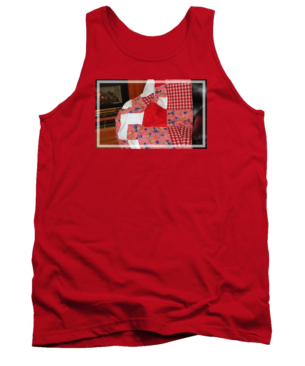 Red White And Gingham With Flowery Blocks Patchwork Quilt Tank Top featuring the photograph Red White and Gingham with Flowery Blocks Patchwork Quilt by Barbara A Griffin